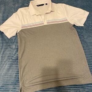 TravisMathew Two-Tone Polo in White and Light Gray with Pastel Stripe